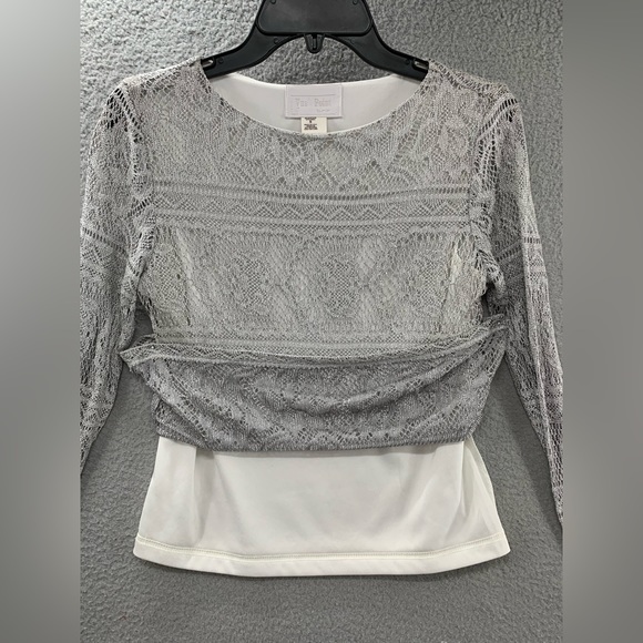 Vue Point Women S Long Sleeve Lace Croche Lined Metallic Gray Blouse Made in USA - Picture 6 of 14